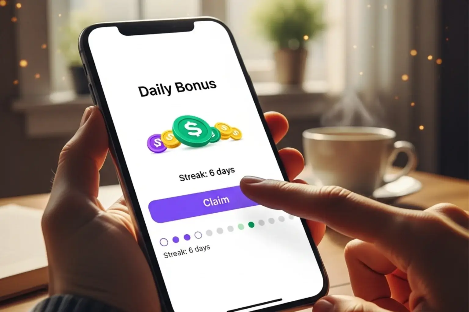 Player claiming daily login bonus on sweepstakes casino mobile app