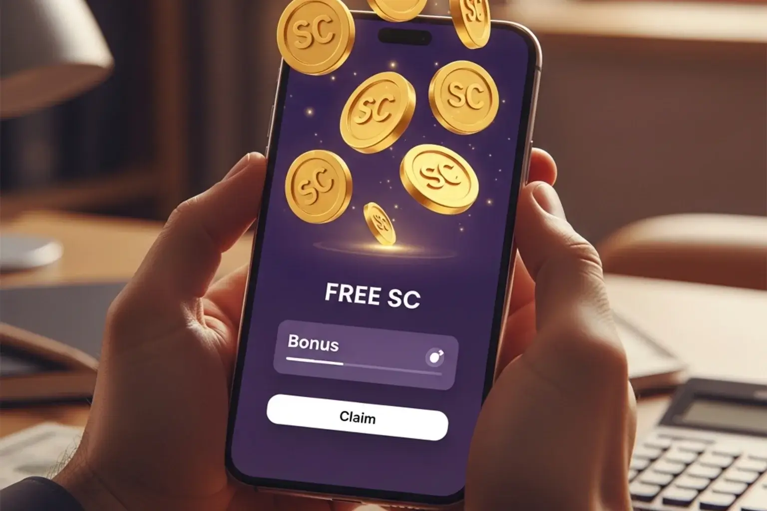 Free sweeps coins promotional concept with golden SC symbols and digital rewards interface