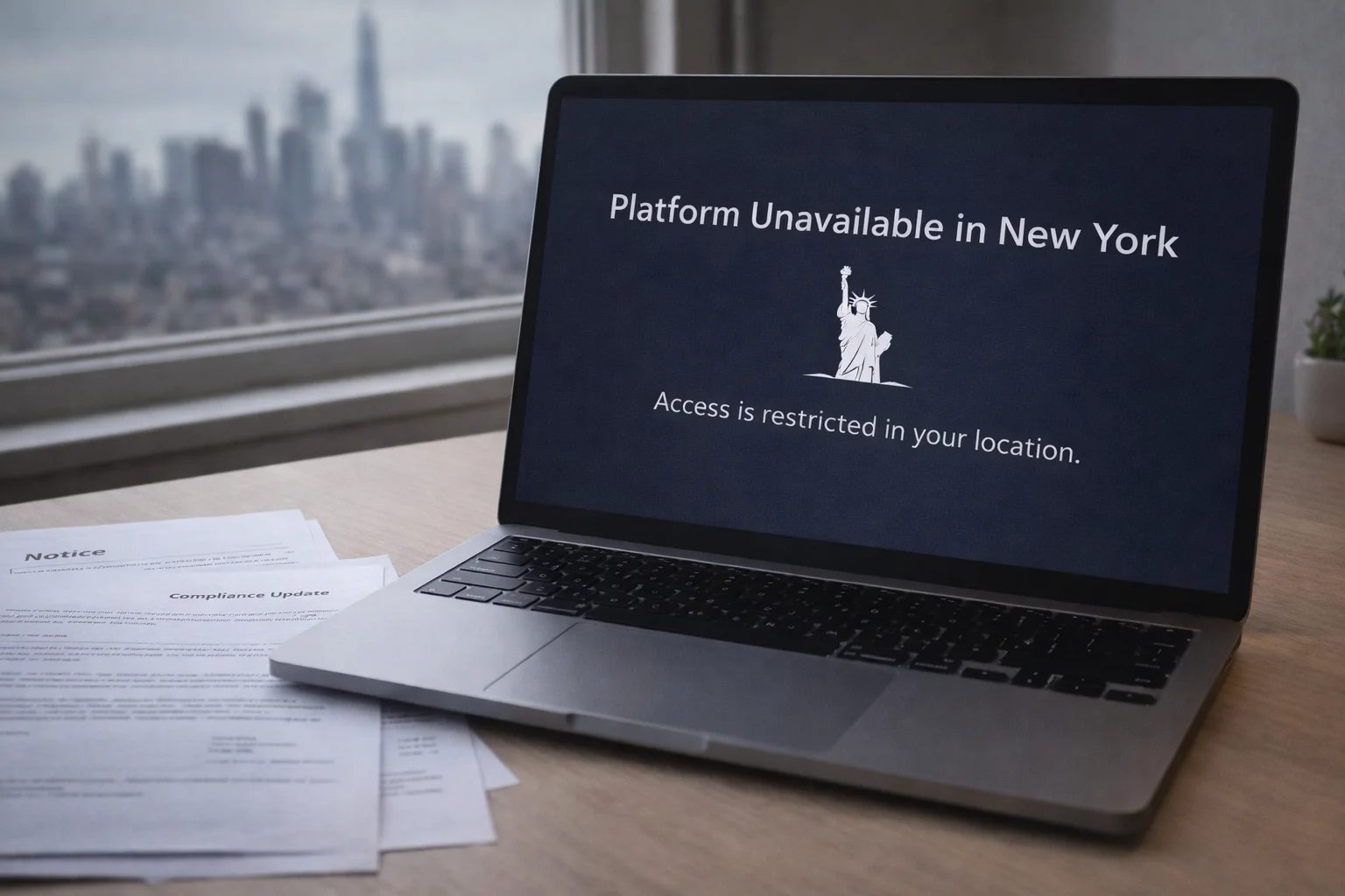 New York state capitol building with sweepstakes regulation documents