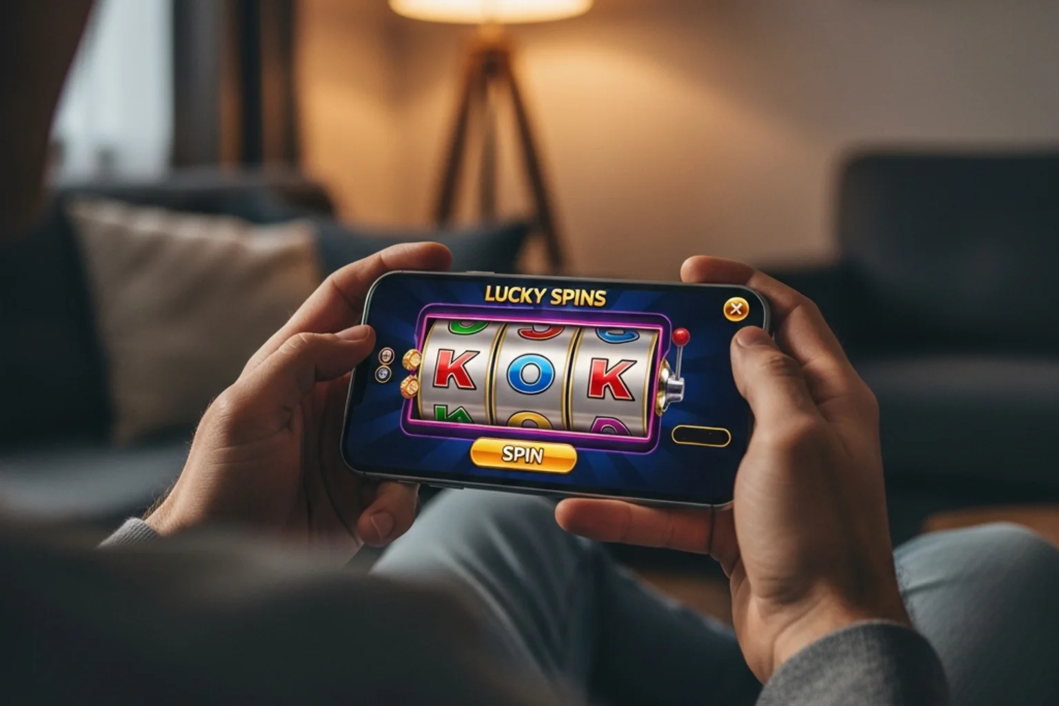 Smartphone showing sweepstakes casino app with slot games on screen
